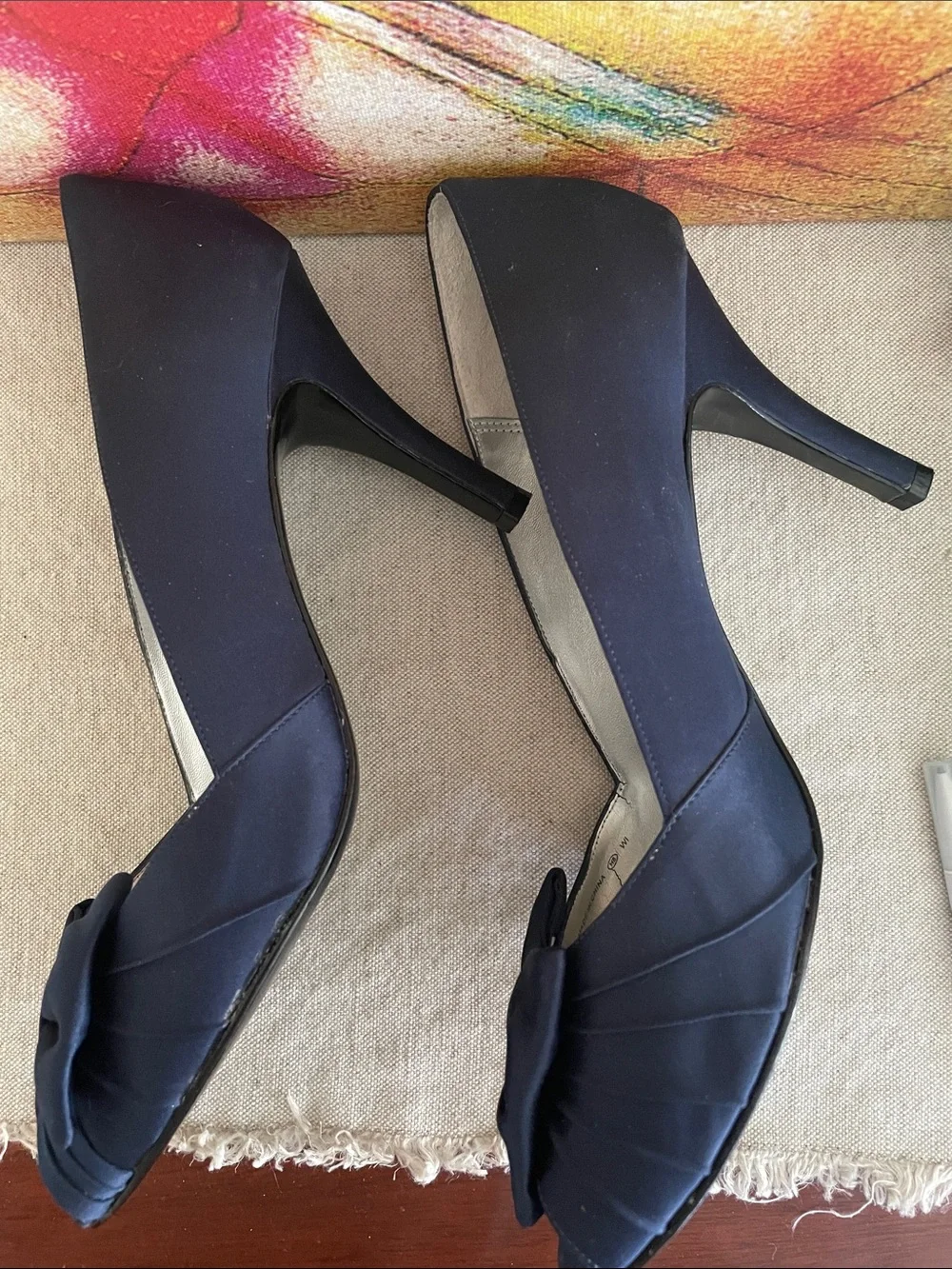 Nina Navy Satin Peep-Toe Bow Heels Sz 10 style Forbes 3”